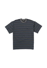 Striped short-sleeve t-shirt featuring dark blue, gray, and beige horizontal stripes with a ribbed gray crew neckline. Cotton material.