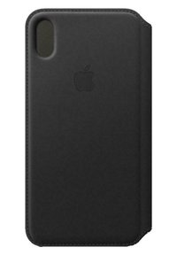 Black leather phone case with a textured finish, featuring rounded edges and a cutout for the camera. Apple logo embossed on the front.