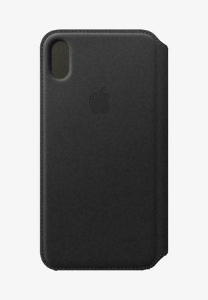 Black leather phone case with a textured finish, featuring rounded edges and a cutout for the camera. Apple logo embossed on the front.