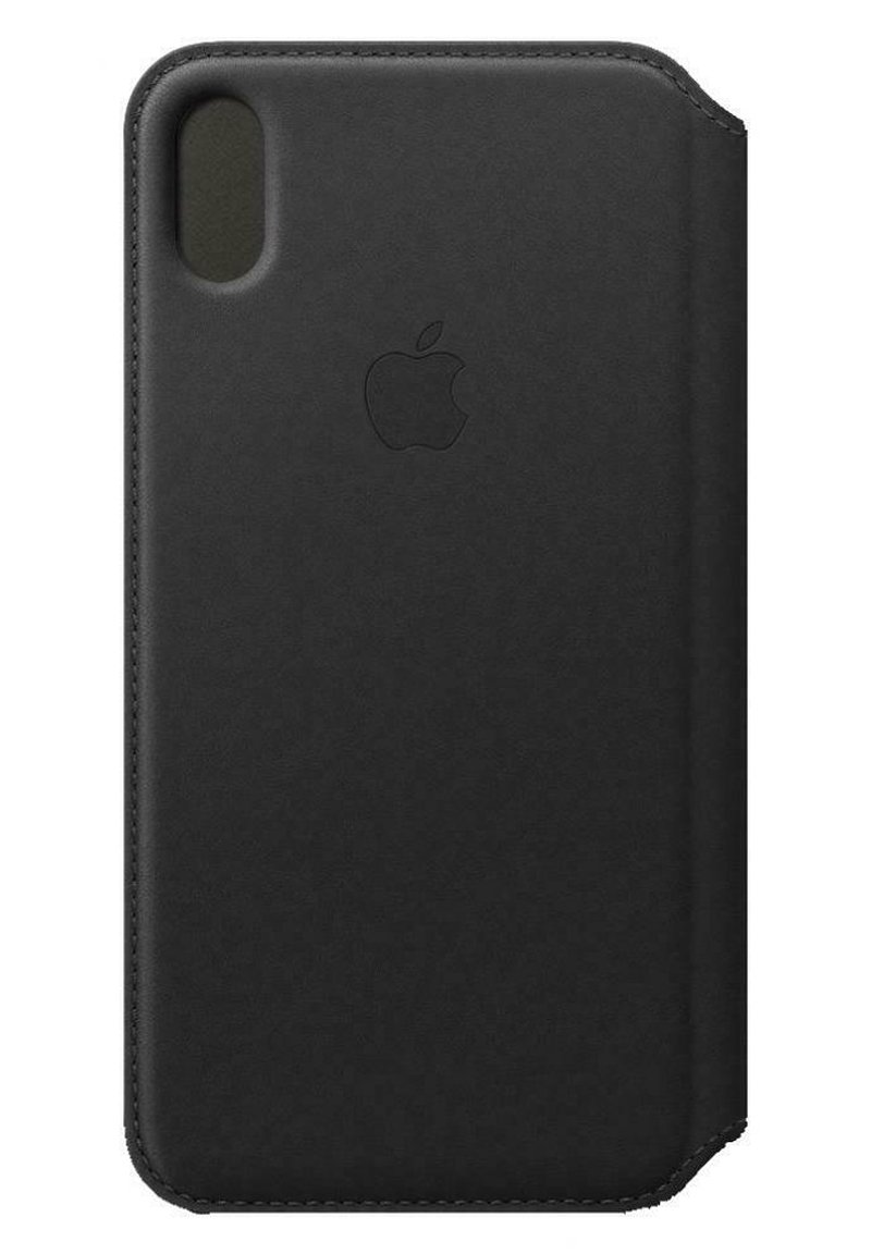 Black leather phone case with a textured finish, featuring rounded edges and a cutout for the camera. Apple logo embossed on the front.