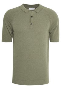 Olivově zelená polokošile s krátkými raglánovými rukávy, strukturovanou látkou, tříknoflíkovou légou a kulatým límcem. Žádné vzory ani akcenty.