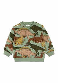 Felpa verde con stampa di dinosauri in tonalità terrose, dotata di polsini e scollatura a coste, e bottoni a pressione su una spalla.
