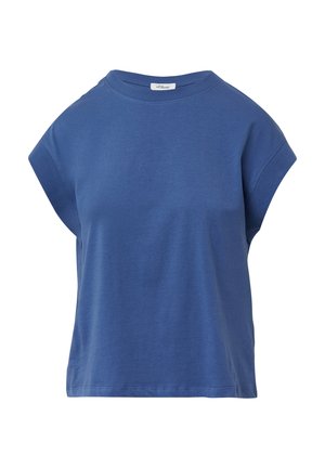 Blaues Kurzarm-T-Shirt mit Rundhalsausschnitt, gerippten Bündchen und einem kleinen weißen Markenlabel am Kragen.
