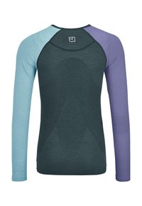 Long-sleeve shirt with a dark teal body, light blue sleeves, and purple accents. Features a textured design on the back and shirt cuffs.