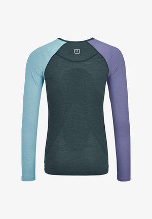 Long-sleeve shirt with a dark teal body, light blue sleeves, and purple accents. Features a textured design on the back and shirt cuffs.