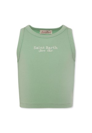 Top a canotta verde a costine con scollatura rotonda. Presenta la scritta "Saint Barth Sport Club" ricamata in bianco. Tessuto in misto cotone. Senza maniche.