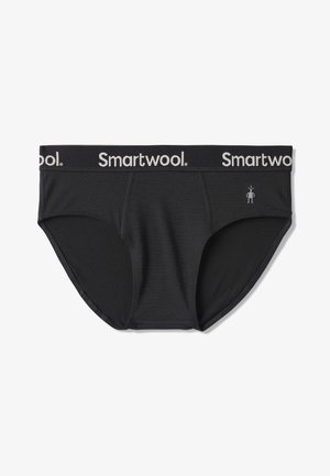 Svarta bomullsunderkläder med en bred elastisk midjeband med "Smartwool"-logotyp, ytterligare logotypdesign på vänster sida och en slät textur.