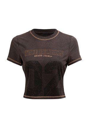 Korte zwarte t-shirt gemaakt van katoen met een ronde hals, met het "TRUE RELIGION" logo en de "02" grafiek in donkere zwarte tinten. Accentstiksels.