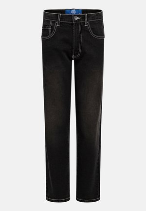 Sorte denimjeans med kontrastfuld hvid syning, lige ben, fem-lomme design og metalknaplukning i taljen.