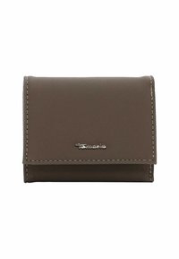 Brown faux leather wallet with white stitching, featuring a fold-over design and a small logo on the front. Compact and simple structure.