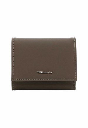Brown faux leather wallet with white stitching, featuring a fold-over design and a small logo on the front. Compact and simple structure.