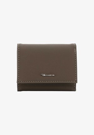 Brown faux leather wallet with white stitching, featuring a fold-over design and a small logo on the front. Compact and simple structure.