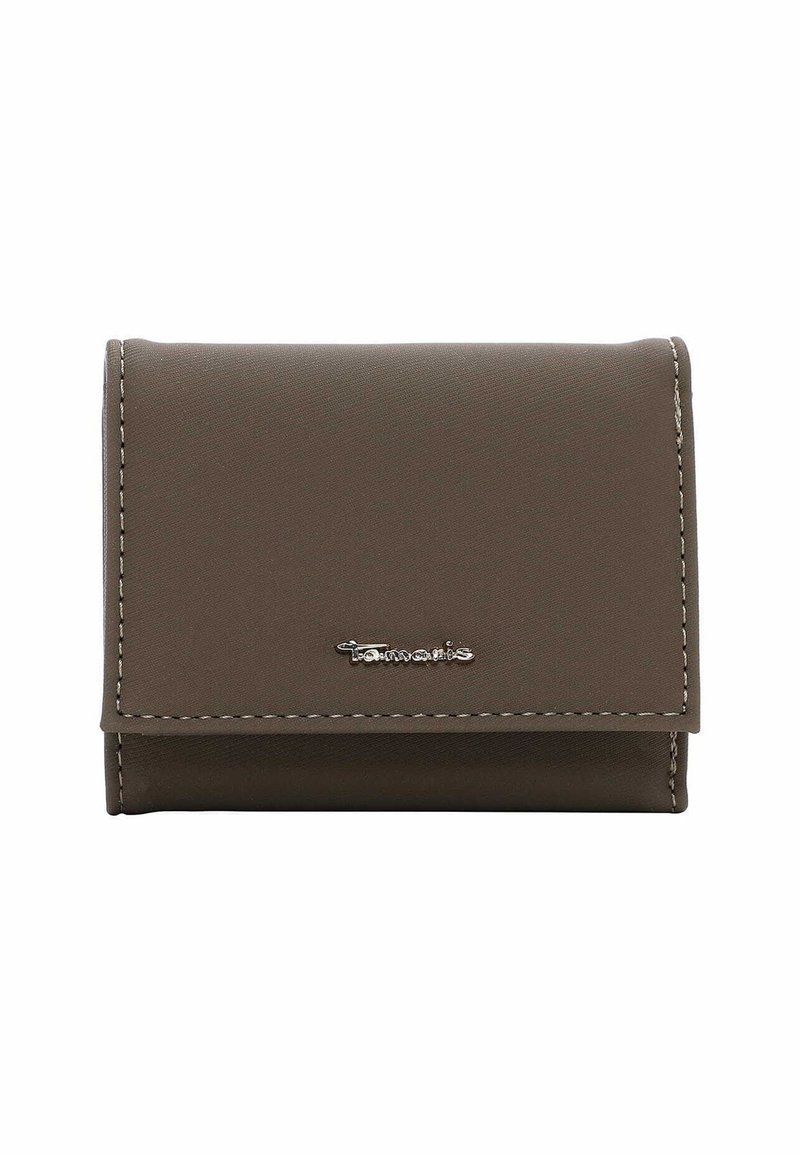 Brown faux leather wallet with white stitching, featuring a fold-over design and a small logo on the front. Compact and simple structure.