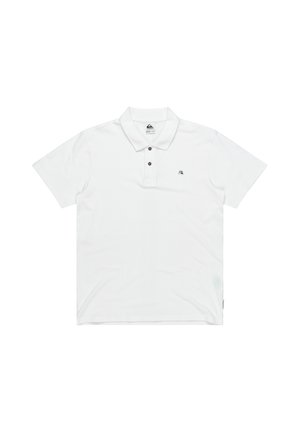 White polo shirt made of soft cotton, featuring a classic collar, three brown buttons, and a small logo on the left chest.