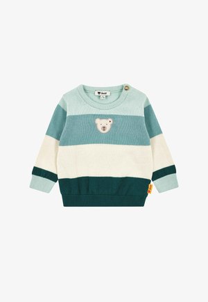 Maglione a righe azzurro chiaro e verde con applicazione di un orso sul petto, polsini e orlo a coste, realizzato in un morbido tessuto lavorato a maglia.