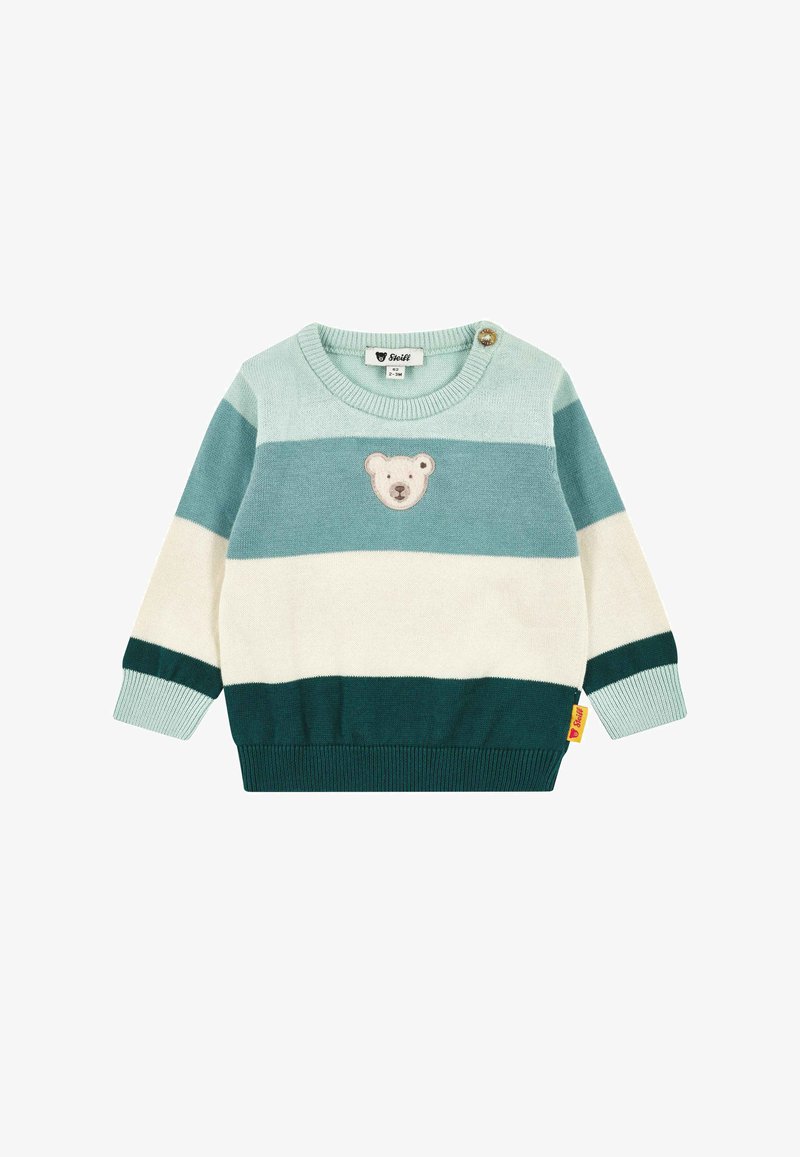 Hellblauer und grüner gestreifter Pullover mit einem Bärenapplikation auf der Brust, gerippten Bündchen und Saum, gefertigt aus einem weichen Strickmaterial.