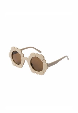 Beige sunglasses with round brown lenses framed by flower-shaped petals extending around each lens.