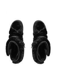Black fur-lined boots with a fold-over design, featuring contrasting laces and a smooth outer surface. Inner lining is soft and thick.