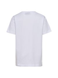 Hvid bomulds t-shirt med rund halsudskæring, korte ærmer og en ensartet, glat tekstur. Der er ingen mønstre eller metaldele synlige.