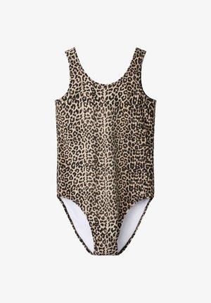 Jednoczęściowy kostium kąpielowy z wzorem w panterkę w odcieniach brązu i czerni oraz dekoltem typu scoop.