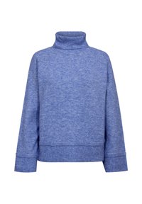 Blauwe coltrui gemaakt van zachte stof, met een relaxte pasvorm, ribbelmanchetten en -zoom, en een gestructureerde afwerking.