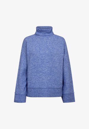 Blauwe coltrui gemaakt van zachte stof, met een relaxte pasvorm, ribbelmanchetten en -zoom, en een gestructureerde afwerking.