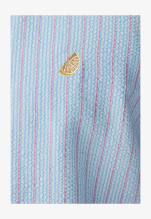 Hele sinine ja valge seersuckri kangas vertikaalsete punaste triipudega ning väikese beebi laimikooriku tikandiga detailiga.