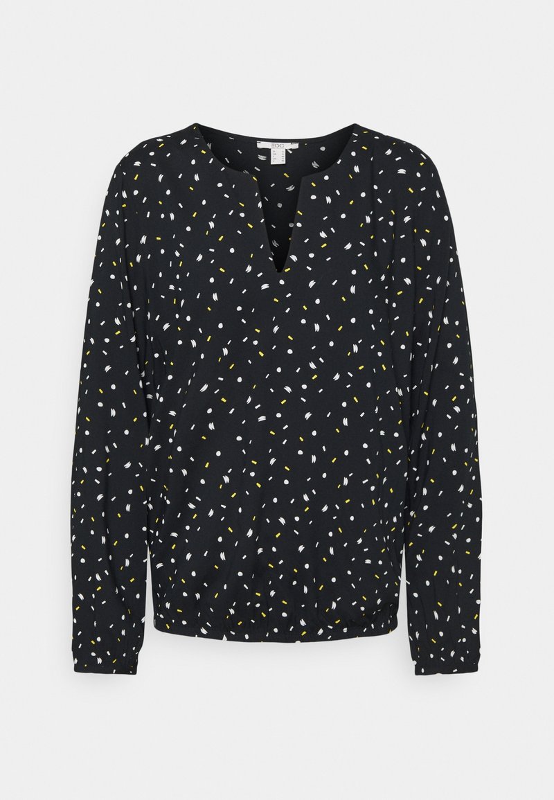 Schwarze Bluse mit V-Ausschnitt, langen Ärmeln und gerafftem Saum. Hat ein verstreutes Muster aus weißen und gelben Akzenten. Leichter Stoff.