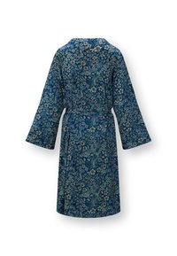 Blue floral patterned robe with wide sleeves and waist belt, shown from the back on a white background.