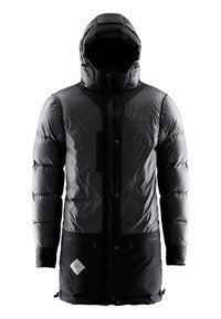 Zwarte gewatteerde parka met een ritsafsluiting, grote capuchon en twee voorzakken. Heeft een glanzende afwerking en een matte onderkant.