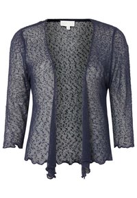 Tmavě modrý otevřený pletený kardigan se tříčtvrtečními rukávy, vroubkovanými lemy a lehkou texturou. Zapínání na přední stužky.