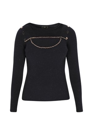 Maglione a costine di colore navy con maniche lunghe, caratterizzato da accessori in tonalità dorata e un dettaglio a catena decorativa nella zona del petto.