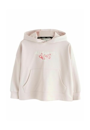 Hellrosa Kapuzenpullover mit Fronttasche, Schriftzug „ALLSAINTS“ und drei roten Herzillustrationen auf der Brust.