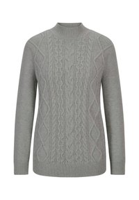 Grauer Strickpullover mit hohem, geripptem Kragen. Mit strukturierten Zopfmuster und gerippten Bündchen und Saum. Glattes Material mit entspannter Passform.