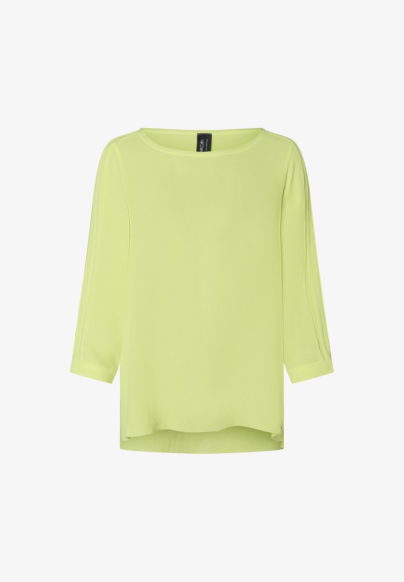 Limonengrüne Bluse mit U-Ausschnitt und Dreiviertelärmeln. Hergestellt aus leichtem Stoff, mit lockerem Schnitt und seitlichen Schlitzen.