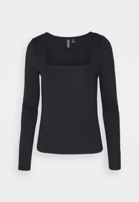 Černý top s dlouhým rukávem a čtvercovým výstřihem. Vyrobeno z hladké látky s přiléhavým designem. Vyznačuje se minimalistickým stylem a bez viditelného hardwaru.