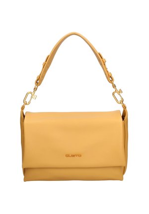 Borsa a tracolla in pelle gialla con tracolla regolabile, chiusure in metallo dorato e logo "Custo" sulla patta anteriore.