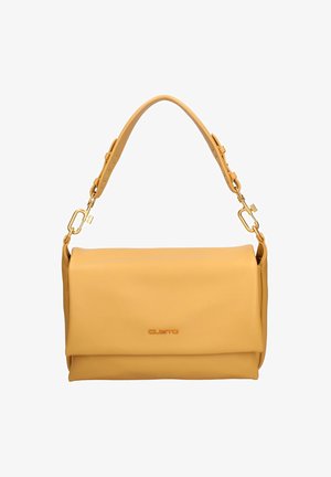 Gele leren schoudertas met verstelbare riem, gouden sluitingen en "Custo" logo op de voorflap.