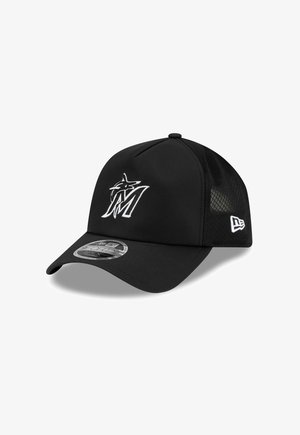 Black mesh baseball cap with curved brim, white embroidered Miami Marlins logo on front, and New Era logo on side.