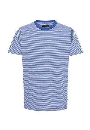 Camiseta a rayas azul y blanca hecha de una tela suave, con cuello redondo y mangas cortas. Pequeña etiqueta de la marca en la parte inferior izquierda.