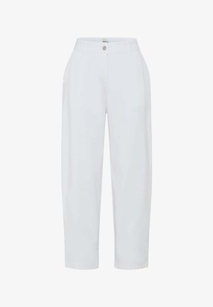 Witte, op maat gemaakte broek met hoge taille, aan de voorkant knoop en rits, riemlussen en rechte, brede pijpen.