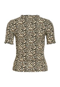 Haut à manches courtes à imprimé léopard en beige et noir, présentant une coupe ajustée et des bords festonnés au niveau des manches et de l'encolure.