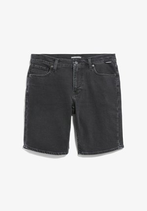 Zwarte denim shorts met een rechte snit, voorzien van vijf zakken en een knoopsluiting. Zachte textuur met een vervaagde afwerking.