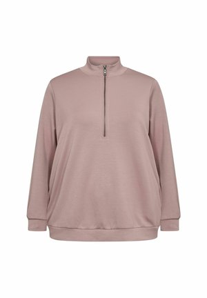Light pink pullover with a zippered neck, long sleeves, loose fit, and ribbed cuffs and hem. Soft fabric with a smooth texture.