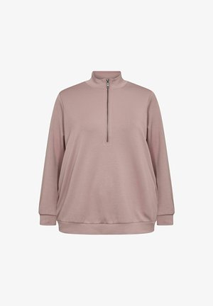 Lichtroze pullover met een ritskraag, lange mouwen, losse pasvorm en geribde boorden en zoom. Zachte stof met een gladde textuur.
