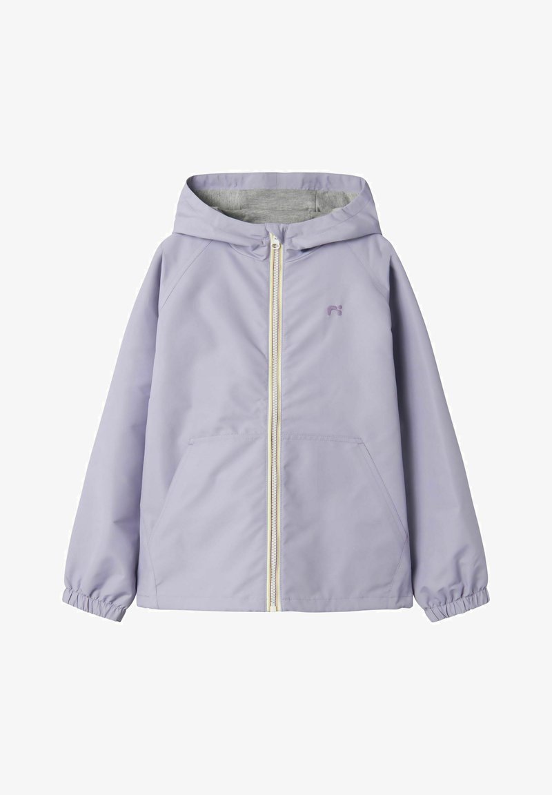 Light purple zip-up jacket with a hood, elastic cuffs, two side pockets, and a smooth texture. Features a small logo on the chest.