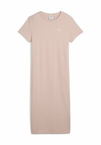Robe rose clair, à longueur genoux, fabriquée en tissu côtelé. Manches courtes, encolure ronde, avec un petit logo Puma blanc sur la poitrine.