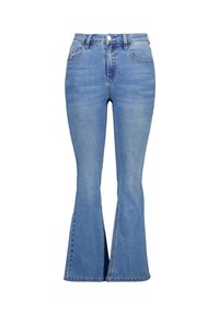 Jeans en denim bleu clair évasés avec une taille haute, comportant cinq poches et une fermeture à bouton à l'avant. Ouverture de jambe large distinctive au niveau de l'ourlet.