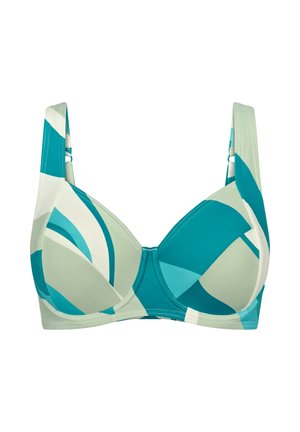 Bralet w kolorze turkusowym i zielonym w wzory, z regulowanymi ramiączkami, formowanymi miseczkami i bezszwowym designem. Posiada zaokrąglone krawędzie i gładką teksturę.