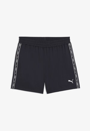 Shorts neri Puma con vita elastica e strisce laterali con logo, caratterizzati da un piccolo logo Puma bianco sulla parte anteriore della gamba destra in basso.